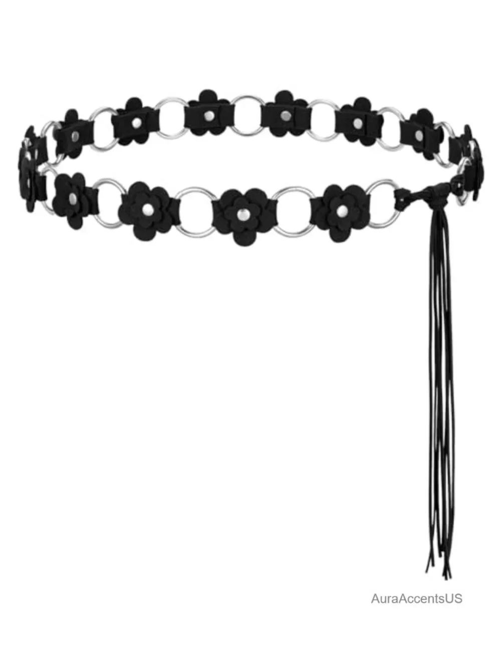 Boho Western PU Leather Belt with Floral Tassel